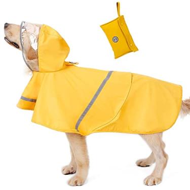Imagem de Capa de chuva refletiva para cães à prova d'água à prova de vento com furo de colarinho confortável com capuz ajustável poncho com bolsa de armazenamento, amarelo, 3GG (peito: 83cm)