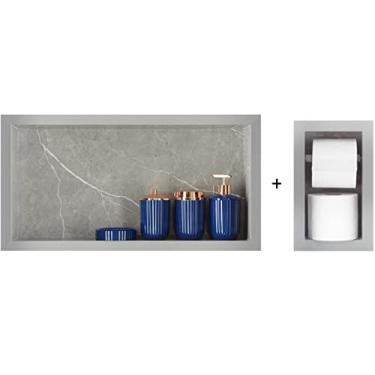 Imagem de Nicho Em Porcelanato P/Banheiro + Porta Papel Higienico Duplo (Cinza Marmorizado)