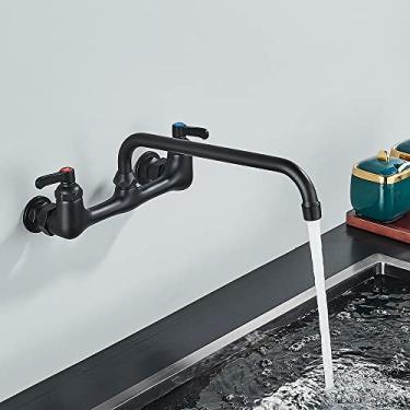 Imagem de Torneira de lavatório preta montada na parede com alças duplas torneira do banheiro bico giratório antigo guindaste de bronze torneira misturadora de água quente e fria, preta