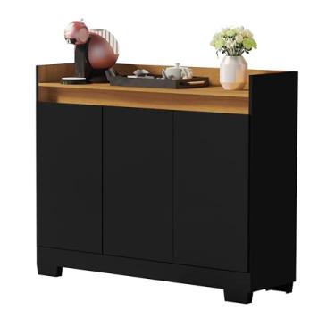 Imagem de Rack Aparador Escritório Hall De Entrada Cantinho De Café Retro Modelo Ryzen 3 Portas - Quality Móveis (Preto/Nature)