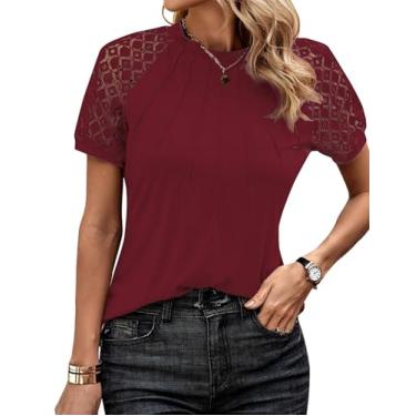 Imagem de Camisetas femininas plissadas com gola redonda sexy patchwork renda manga curta blusas casuais soltas, Vinho, G