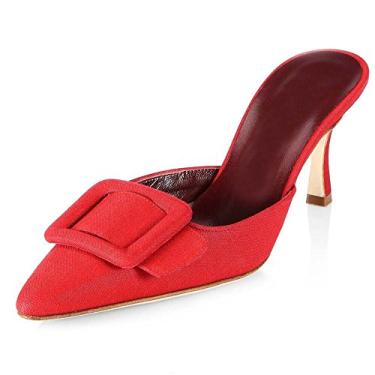 Imagem de Divanne Sandálias femininas de salto alto, bico fino, com fivela e salto gatinho, Jeans vermelho - 8,5 cm, 36