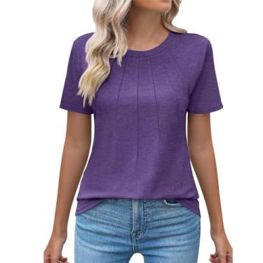 Imagem de Camisetas femininas de manga curta texturizadas de verão camisetas básicas de cor sólida túnica moderna e confortável, Roxa, GG