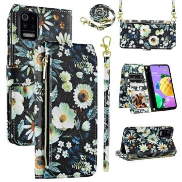 Imagem de Dswteny Capa carteira para LG K52/K62/K42/K53/Q52 com alça de ombro, 9+ compartimentos para cartões, bolsa com zíper, suporte de couro floral, suporte de cartão, capa para celular K 52 42 62 5G 4G LTE