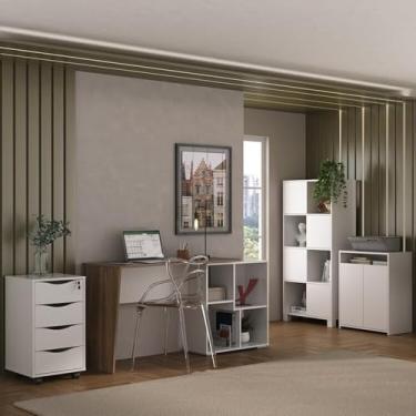 Imagem de Kit 4 Peças com Escrivaninha Moderna, Gaveteiro Bit, Armário com Nichos e Balcão Multiuso 2 Portas Ipê/Branco