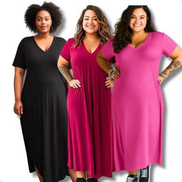 Imagem de Kit 3 Vestido Longo Feminino Midi Liso Com Fenda E Bolsos - Contramão 