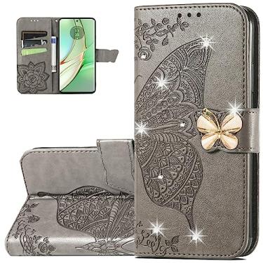 Imagem de Dinglijia Capa carteira para Motorola Edge 40, capa de couro PU padrão borboleta com fecho magnético e slots de cartão de dinheiro para Moto Edge 40, cinza strass