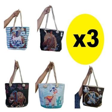 Imagem de Kit 3 Bolsas Ombro Lona c/ Alça de Cordas Estampa Sortida - Lynx produ