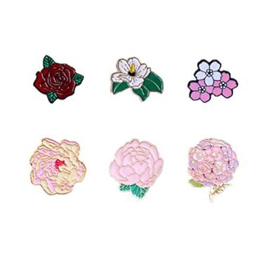 Imagem de 6 peças broche de esmalte de flor linda planta flor lapela broche distintivo Sakura conjunto de alfinetes para mulheres meninas roupas bolsas decoração, Liga de aço, Sem Pedra Preciosa