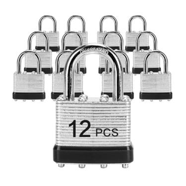 Imagem de LQYN Cadeado laminado com chave (1-9/40.6 cm, 40 mm), fechaduras semelhantes com chave, aro preto, manilha normal, pacote com 12, trava para armário de academia, bagagem, mala, bagagem, caixa de