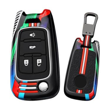Imagem de HIBEYO Capa dobrável de 4 botões compatível com Buick Encore Apto para Chevy Camaro Equinox Impala Sonic Trax GMC Terrain acessórios de metal pintado com chaveiros-4 botões preto