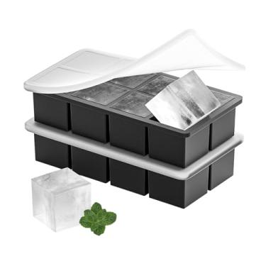 Imagem de Bandeja grande para cubos de gelo com tampa, pacote com 2, molde de cubo de gelo quadrado empilhável de silicone grande de 5 cm para coquetéis de uísque, sopas de bourbon, petiscos congelados, fácil