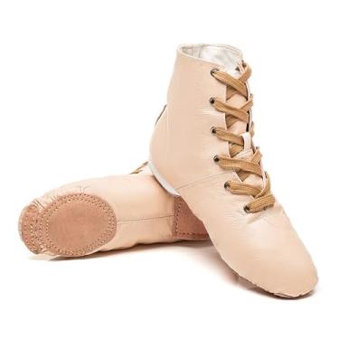 Imagem de ZHENSI Botas femininas de jazz cano alto sapatos de dança de couro com cadarço sola dividida para meninas, Bege, 36 BR