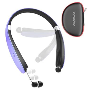 Imagem de AMORNO Fones de ouvido Bluetooth dobráveis sem fio com faixa de pescoço com fones de ouvido retráteis, esportes à prova de suor com cancelamento de ruído, fones de ouvido estéreo com microfone