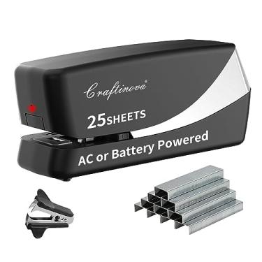 Imagem de Craftinova Grampeador elétrico, automático, resistente, capacidade para 25 folhas, inclui 2000 grampos e 1 removedor de grampo, alimentado por CA ou bateria, vermelho