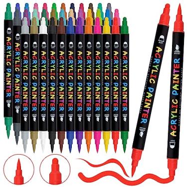 Imagem de Tesquio Canetas de tinta, canetas de tinta acrílica de 36 cores, canetas de ponta dupla com ponta média e ponta de pincel para pintura de rocha, madeira, cerâmica, tecido, tela, ovos de Páscoa, kit de abóbora, artesanato faça você mesmo