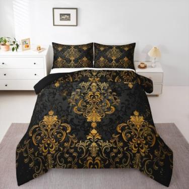 Imagem de Conjunto de cama queen damasco floral, ombré, preto, para decoração de quarto de meninos e meninas, vintage, jacquard respirável, macio, floral, exótico, com 2 fronhas