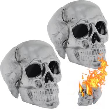 Imagem de 2 peças de tronco de gás de crânio humano sintético para lareiras internas ou externas, feito de metal, durável por mais de 10 anos, fogueiras decoração de Halloween crânio carvão (à prova de fogo)