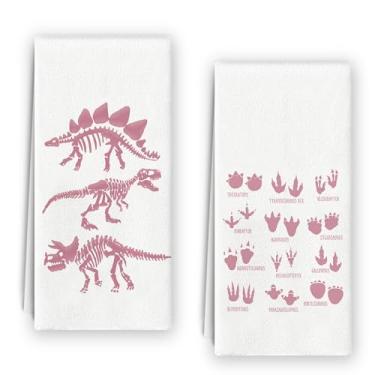 Imagem de Bnzolyoia Conjunto de toalhas de mão de dinossauro para banheiro infantil - decoração de banheiro infantil, presentes de dinossauro para meninas, pegadas de dinossauros rosa toalhas de prato 40,6 x 61