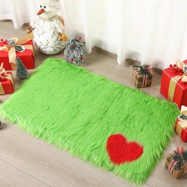 Imagem de HunnmingRe Tapete de Natal peludo verde limão com padrão de coração vermelho, tapetes verdes para decoração de quarto e sala de estar, tapete felpudo macio lavável, 40 x 72 cm