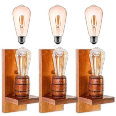 Imagem de Kit 3 Arandelas Barril Delenha Decor Mogno + Lâmpadas