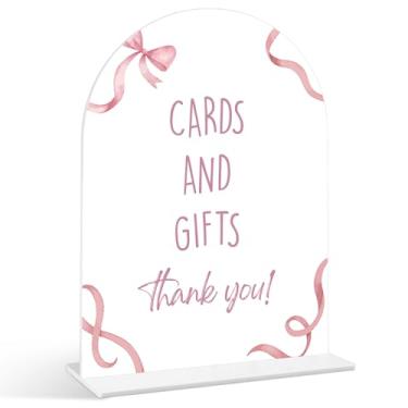 Imagem de Placa de cartões e presentes - Placa de chá de bebê com laço rosa, 1 pacote de placa de acrílico com suporte, decoração de mesa de festa reveladora de gênero, suprimentos de chá de bebê rosa (SP02)