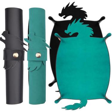 Imagem de SIQUK 2 peças de bandeja de rolagem de dados de dragão de couro PU, suporte dobrável de dados de rolagem para jogos de RPG D & D (ciano, preto)