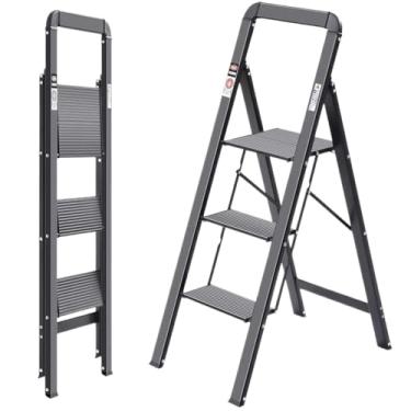 Imagem de Escada de degrau dobrável de alumínio com 4 degraus com aderência retrátil, escadas leves para armário alto, 150 kg para uso doméstico - banqueta dobrável preta