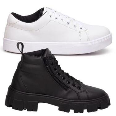 Imagem de Tênis Feminino Branco + Bota Preta Combinação Elegante. Estilo Skate, Balada.-Feminino