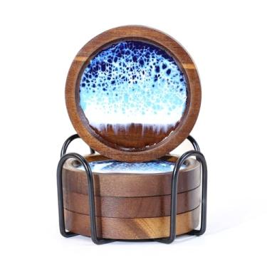 Imagem de Muliti FL Porta-copos de madeira para absorção de bebidas, porta-copos artesanais de resina do oceano azul para mesa de café, antiderrapante, protetor de mesa, porta-copos de madeira natural, conjunto