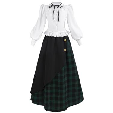 Imagem de CR ROLECOS Vestido vitoriano eduardiano feminino 1800 xadrez renascentista vestido de baile com bolsos, Verde, G