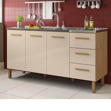 Imagem de BALCÃO FORTALEZA 3 GAVETAS PARA PIA 1,60 MT Amêndoa Off - Milani Movel