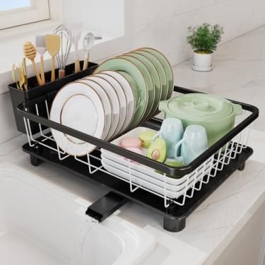 Imagem de Hiviweer Escorredor de pratos – Escorredor de pratos com economia de espaço, escorredor de pratos à prova de ferrugem com suporte removível de utensílios de 4 compartimentos, preto e branco