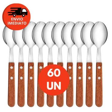 Imagem de Kit Colher Sopa Mesa Refeição Aço Inox Cabo Madeira Cozinha Talher Res