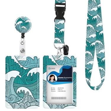 Imagem de Porta-crachá de identificação com cordão retrátil e chaveiro, carretel de crachá com clipe de mosquetão giratório, etiqueta de nome de cartão marítimo abstrato, cordão protetor de identidade, clipes