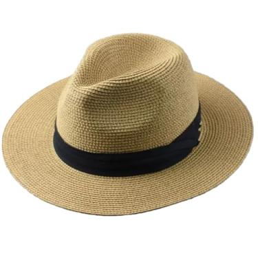 Imagem de Chapéu de palha masculino dobrável cabeça grande chapéu panamá verão chapéu de cowboy areia praia sol chapéu fedora cáqui 58 cm-60 cm