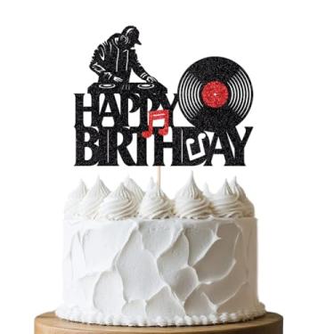 Imagem de BIABISD Enfeite de bolo de feliz aniversário, disco de vinil preto vermelho com glitter retrô decoração de bolo de música rock and roll, tema de rock DJ, disco de CD hip hop, bola de dança, tema de