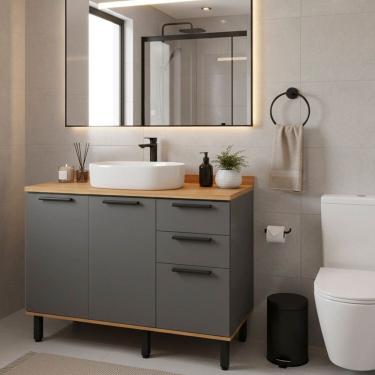 Imagem de Gabinete para Banheiro 120cm com Tampo 3 Portas e 2 Gavetas Castanha Freijó / Cinza