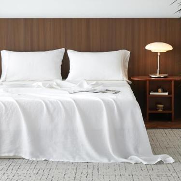 Imagem de Simple&Opulence Jogo de lençol 100% linho francês - 4 peças de lençóis lavados de linho puro (1 lençol de cima, 1 lençol com elástico, 2 fronhas) com bainha de renda, respirável, macio, leve, branco,