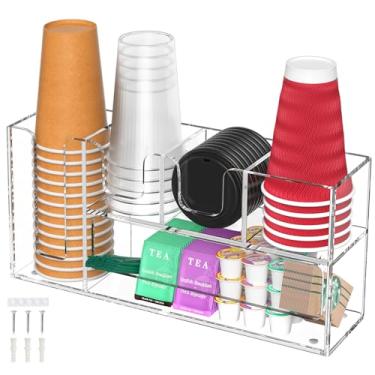Imagem de Kucle Organizador de estação de café de 2 camadas para bancada, 5 compartimentos de acrílico transparente para copo e tampa de armazenamento de condimentos de chá, organizador de café vertical