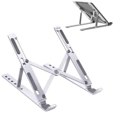 Imagem de Suporte de Notebook em Alumínio Ajustável – 7 Níveis Ergonômicos, Dobrável e Portátil, Compatível com MacBook, Dell, Lenovo, HP, iPad e Laptops 10"–17"