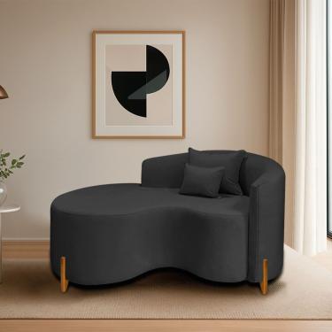 Imagem de Divã Recamier Curvo Sala De Estar Recepção Inglaterra 150cm Pés Madeira Lado Esquerdo Linho Cor Preto