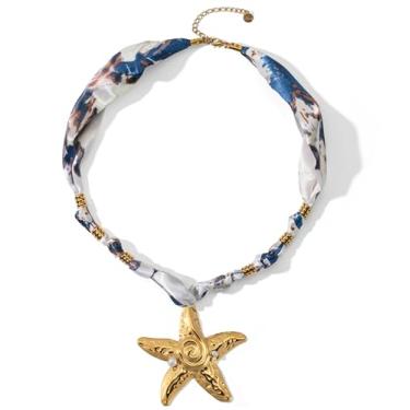 Imagem de Mixcbe Colar bandana feminino, colar dourado com pingente delicado com coração, cruz, pingentes de sol, cadeado mosquetão - Boho Beach Vintage Scarf Colares, normal, Seda, Sem Pedra Preciosa