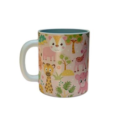 Imagem de Caneca Xícara Café Porcelana 300ml Design Animais e Árvores Fundo Rosa