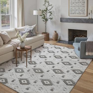 Imagem de WondRg Tapete felpudo lavável cinza e marfim para sala de estar, quadriculado, neutro, macio, antiderrapante, durável, geométrico, boho, quarto, escritório, sala de jogos, sala de jantar, sala de aula