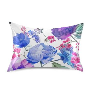 Imagem de Aquarela Flores Roxo Azul Branco Cetim Fronhas Floral Refrescante Padrão Queen King Size Impressão Arte Travesseiro Cuidados com a Pele Tamanho Padrão 66.0 cm x 50.8 cm