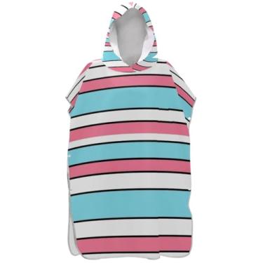 Imagem de Joisal Roupão para adultos, poncho de surfe, toalha de banho com capuz, secagem rápida, azul, listras rosas, poncho masculino e feminino com capuz