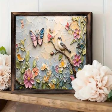 Imagem de Placa de parede emoldurada vintage rústica - pássaro borboleta impasto entre flores decoração de mesa 20 x 20 cm - presentes para fazenda, cafés, lojas, quarto, banheiro, casa e escritório