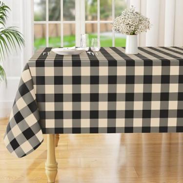 Imagem de misaya Toalha de mesa retangular de vinil impermeável, toalha de mesa de flanela de búfalo, capa de mesa de plástico limpável para jantar, cozinha, exterior (152 x 259 cm, preta e bege)