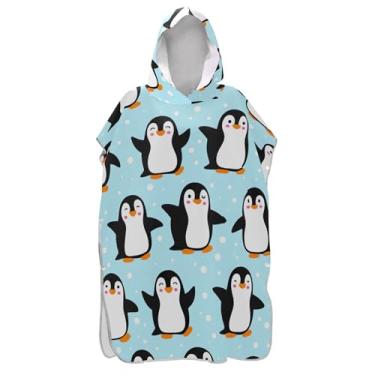 Imagem de TSENQUE Poncho de surfe trocador de roupão adulto praia com capuz toalha de banho absorvente feminino ponchos com capuz pinguins fofos azul claro